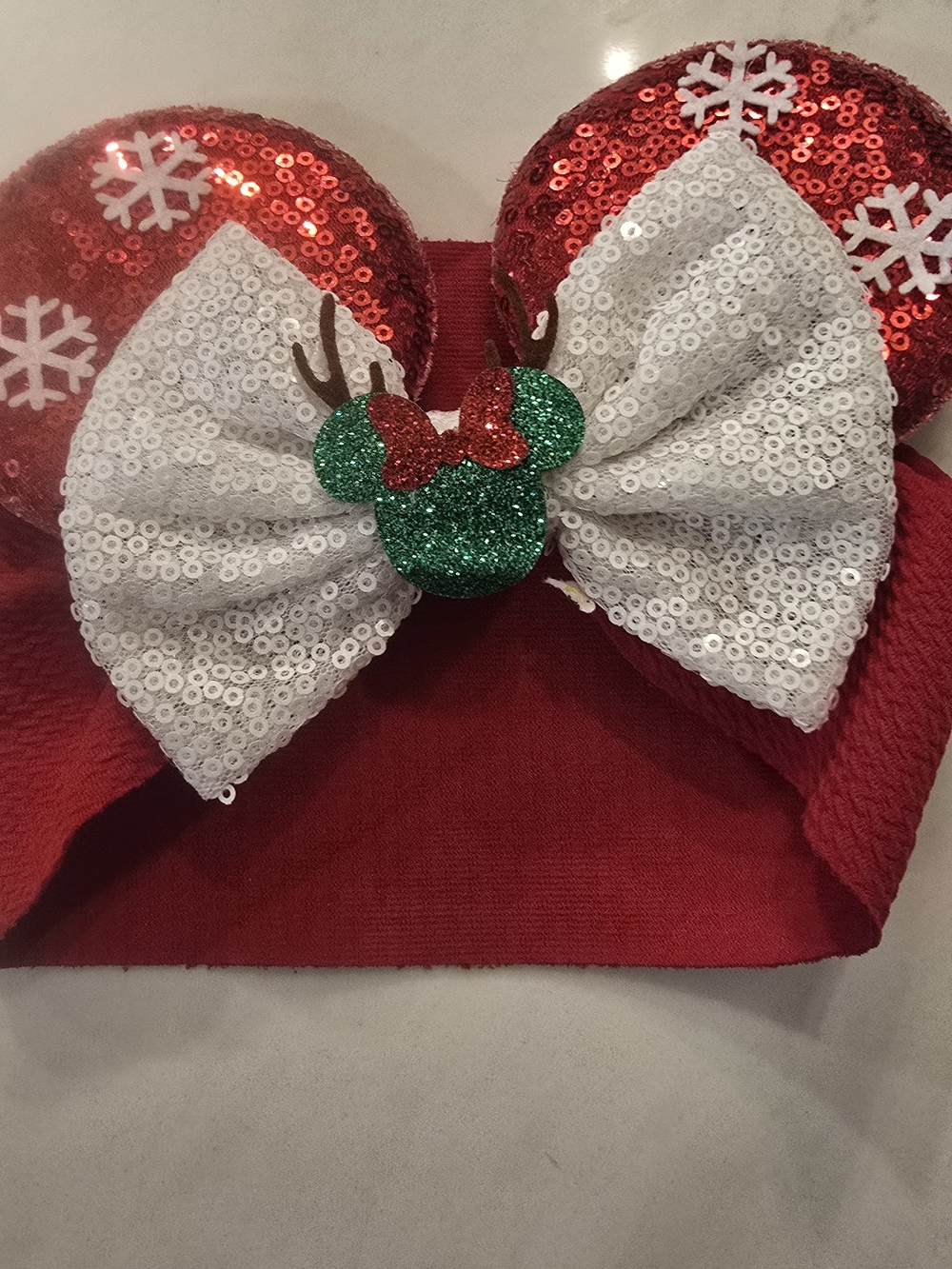 Holiday Sequin Micjey  Ears Headband with White Bow